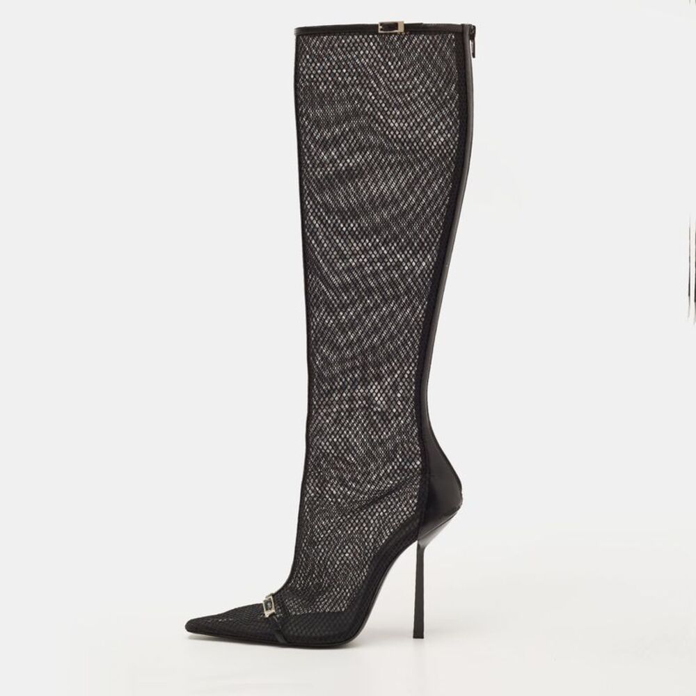 Saint Laurent Size 39 Black Leather And Mesh Knee Length Boots
